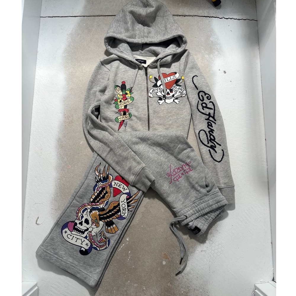 Ed Hardy Women Gray Tattoo Graphic Tracksuit Hoodie Pants Set Small